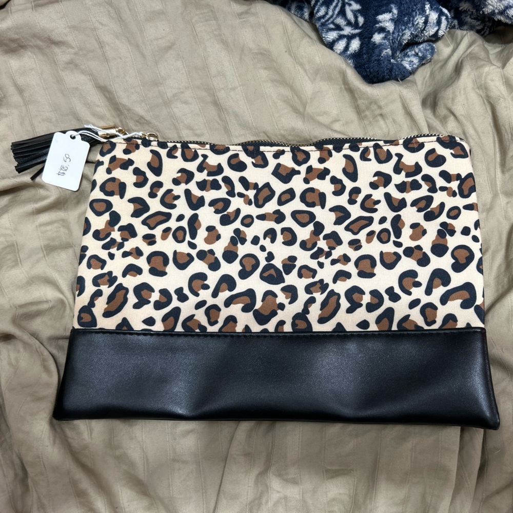 Leopard Print Zip Pouch with Black Trim Bottom and Leopard Print Key-Ring Clip